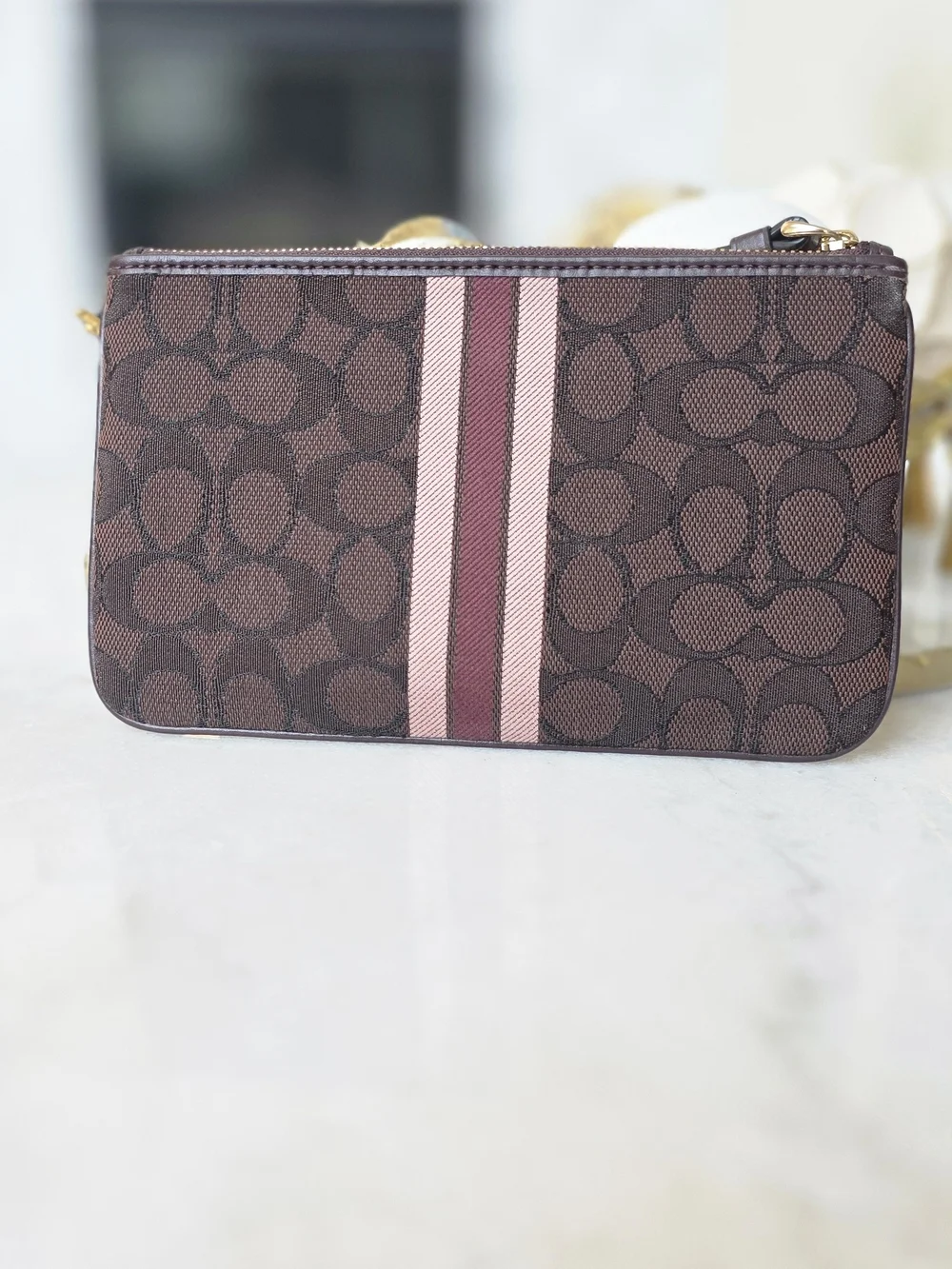 COACH Dempsey Large Corner Zip Wristlet Signature Jacquard Stripe
